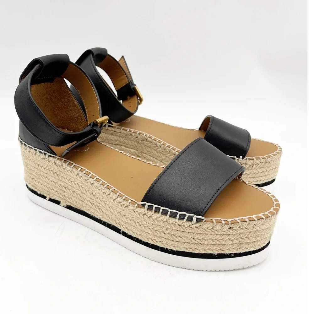 See By Chloe Black Leather Espadrille Platform Sandals
